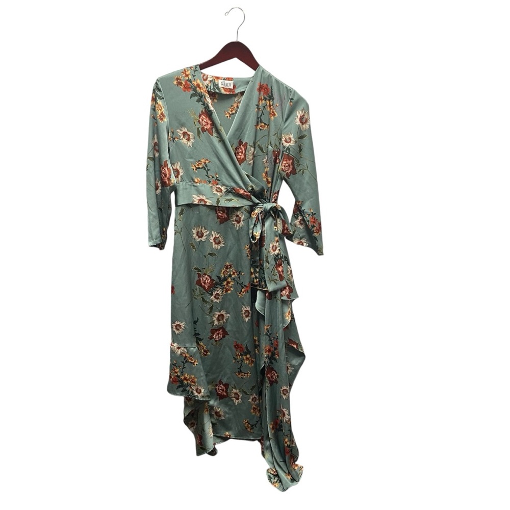 Floral Faux Wrap Dress - Green & Burnt Orange, 3/4 Sleeve, Size S